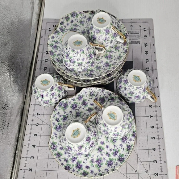 6 Tea Cups and Saucers Japan Yada Snack Plate Blue Floral China - Picture 8 of 15